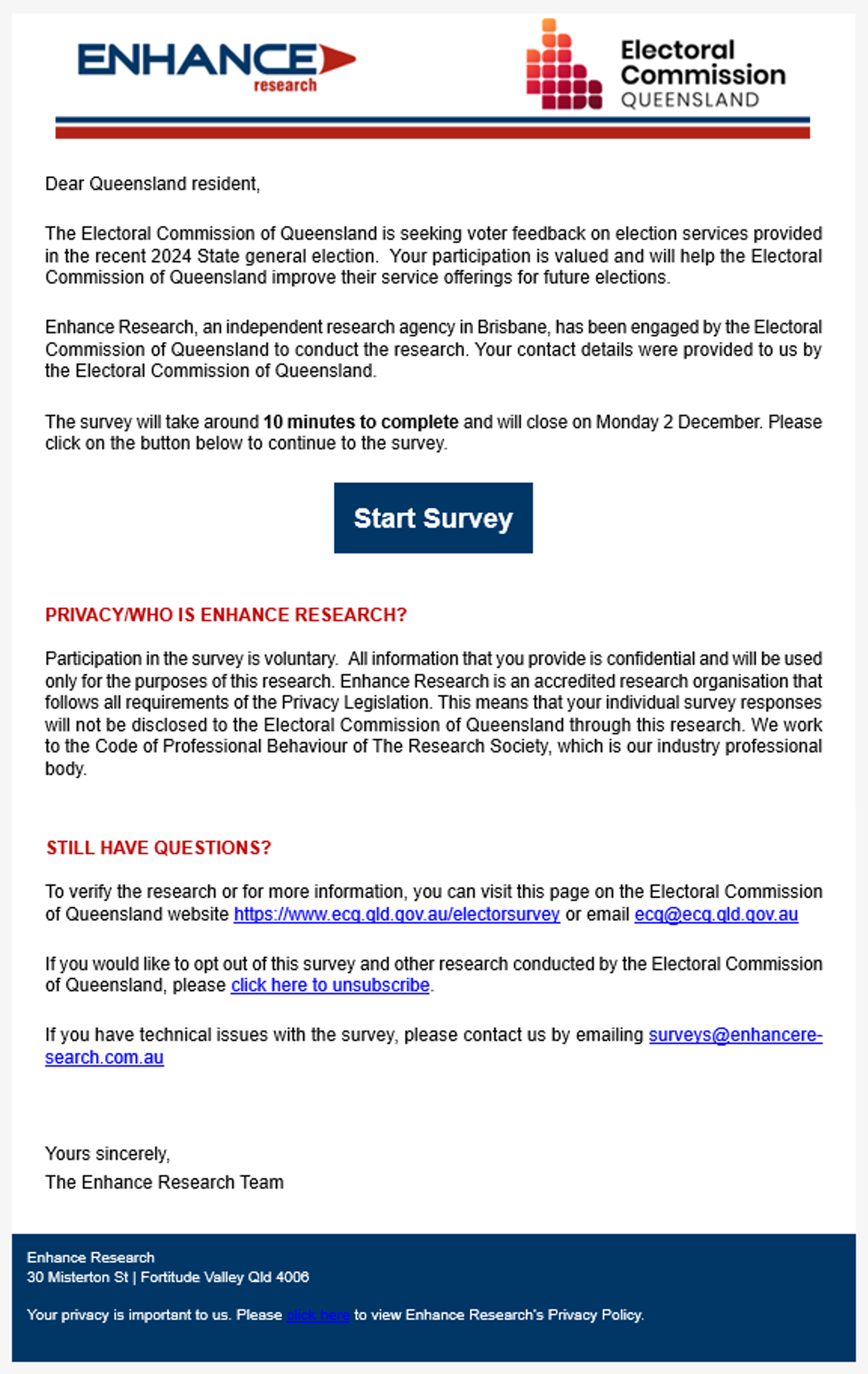 Sample of elector survey email